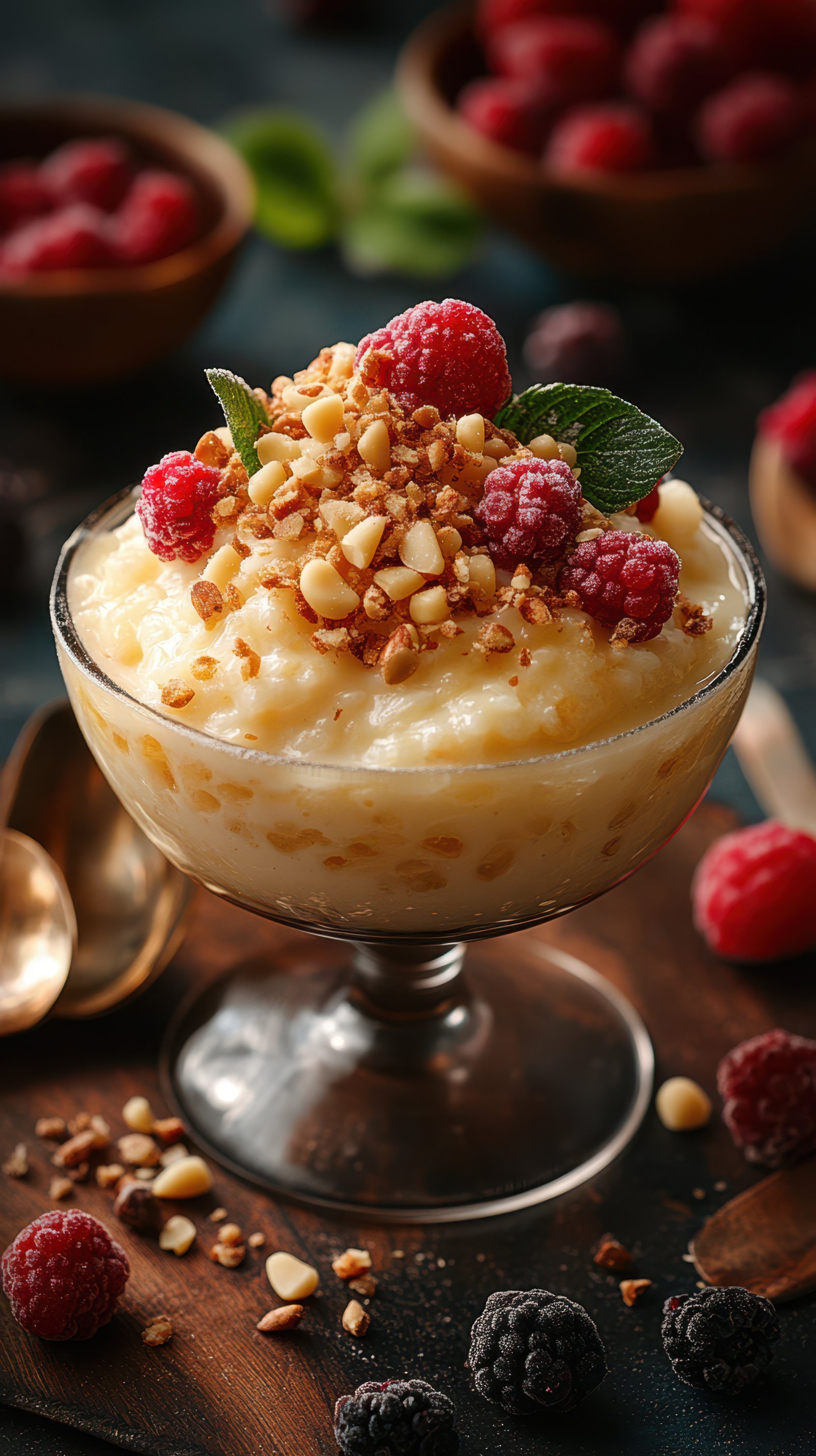 Creamy dessert topped with fresh raspberries and nuts in a glass dish during a cozy indoor setting